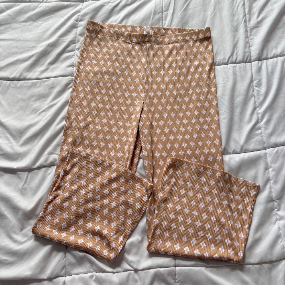 Aerie Ribbed Pajama Pants XL Tan White Diamond Print Wide Leg Lounge Bottoms